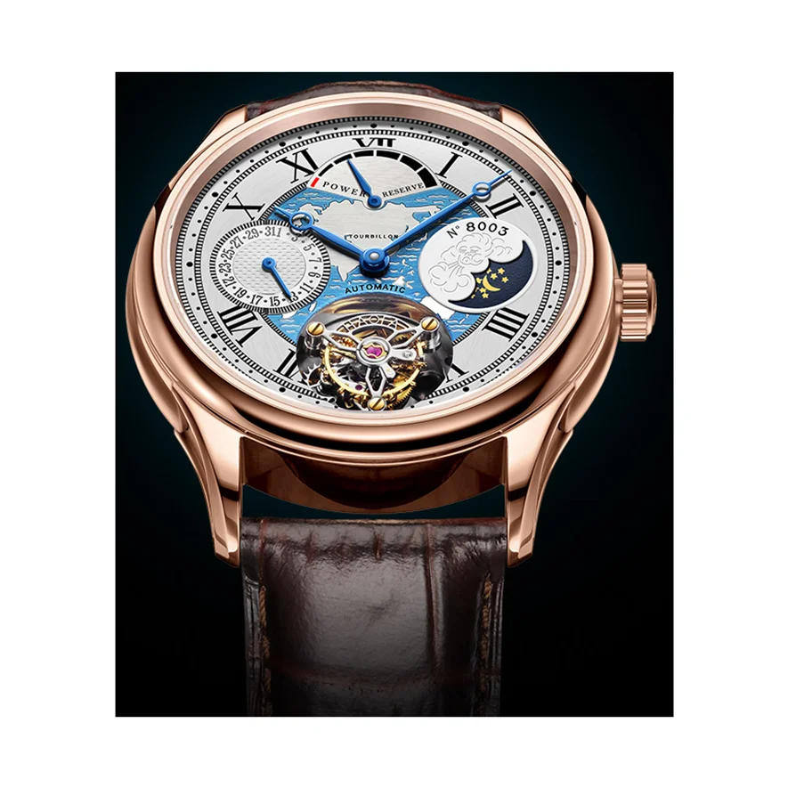 Top grade cow leather strap power show multi function tourbillon waterproof men mechanical watch