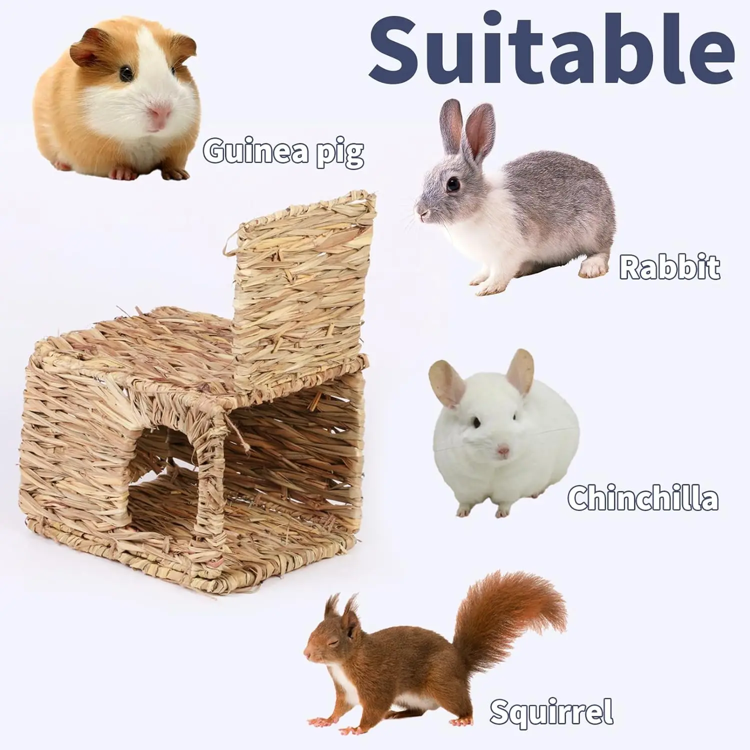 Natural Hand Woven Seagrass Play Hay Bed Foldable Woven Hideaway Hut Toy for Bunny Hamster Guinea Pig Chinchilla Small Animals