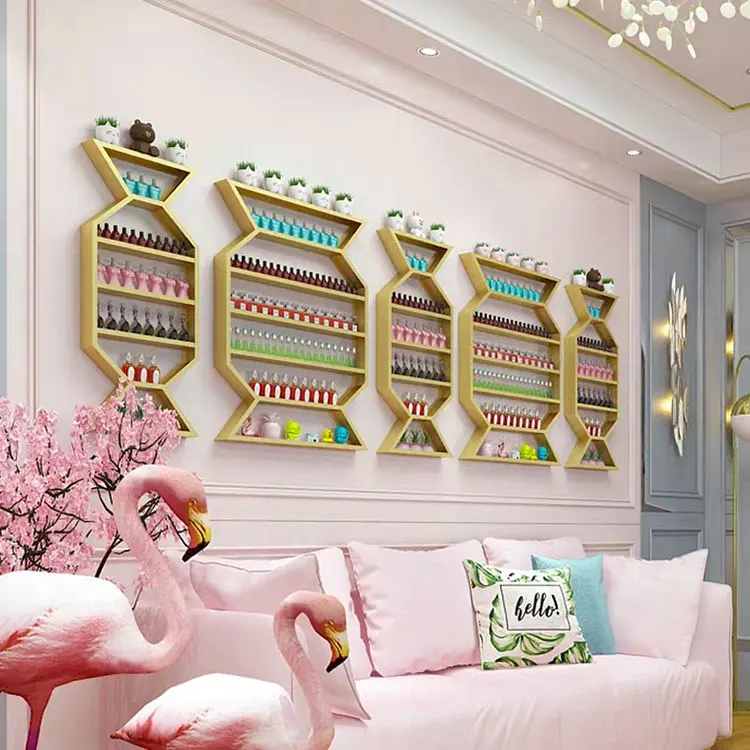 TMJ-2540 Custom 3 Tiers  Wall Mounted Cosmetic Shop Salon Metal Acrylic Nail Polish Display Shelves Rack