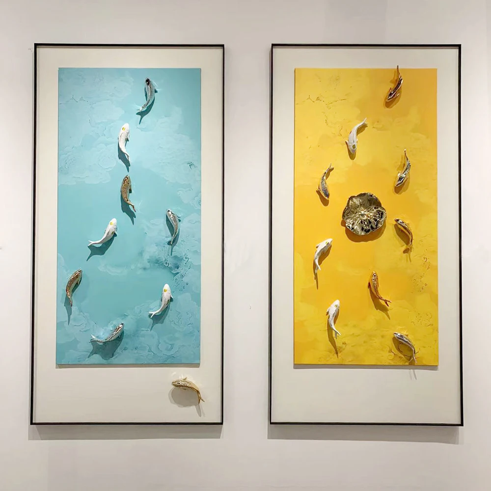 Wholesale Modern Picture Frame Fish Hotel Artwork Simple Framed 3D Carving Relief Abstract Art Wall Paintings For Home Decor