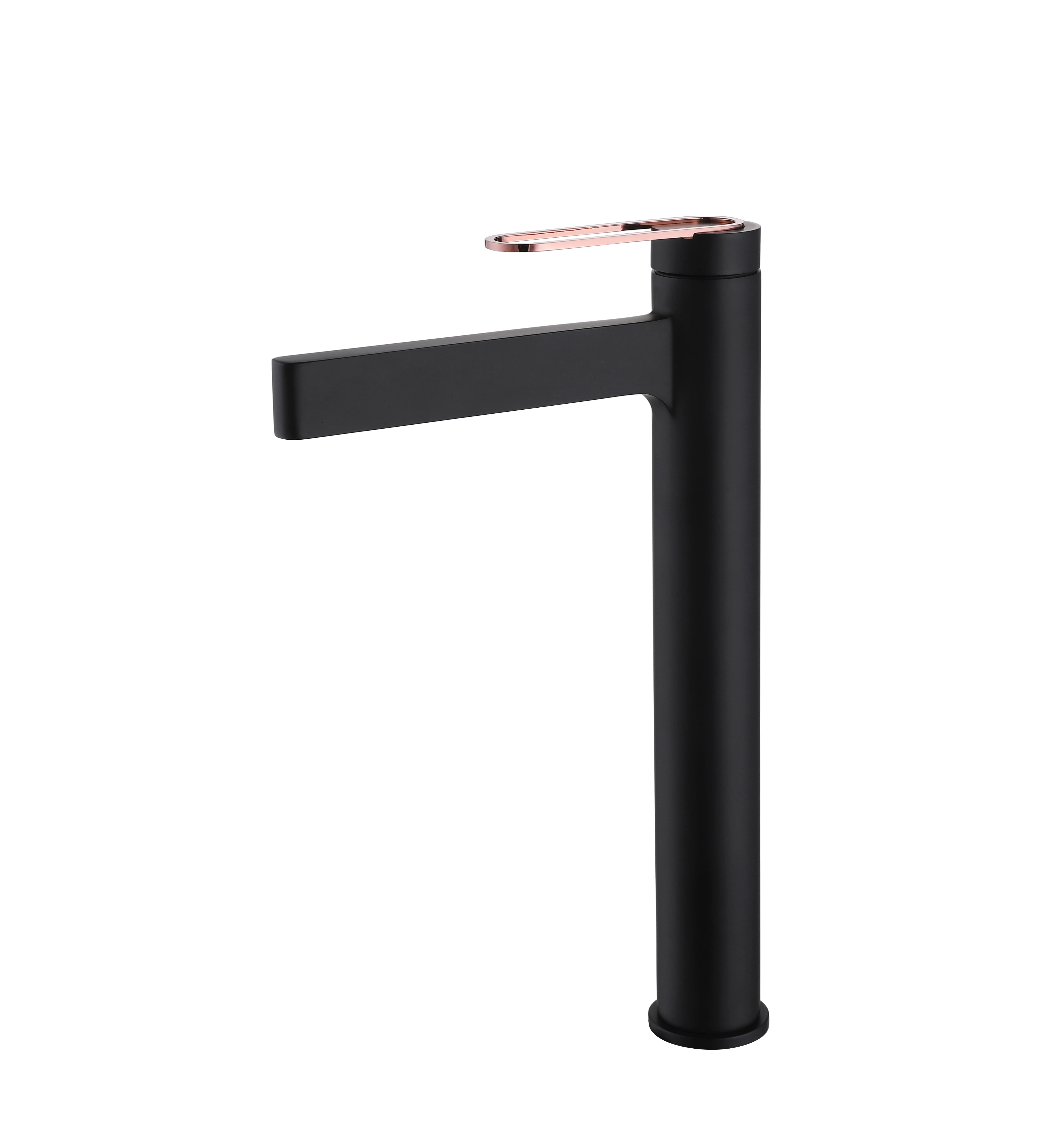 Simple copper basin with single hole faucet on the tabletop, single handle black faucet for household use