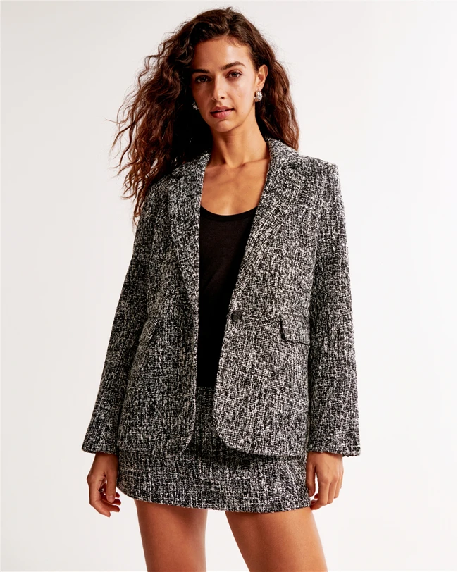 2024 Winter Women Gray Single Breasted Tweed Buttoned Blazer Dress with Pockets