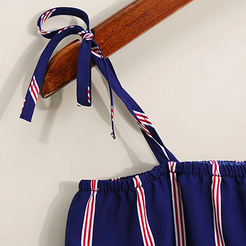 
2021 Boat Neck Vertical Blue Stripe High Waist Jumpsuit Casual Urban Plus Size Mommy And Me Outfits 