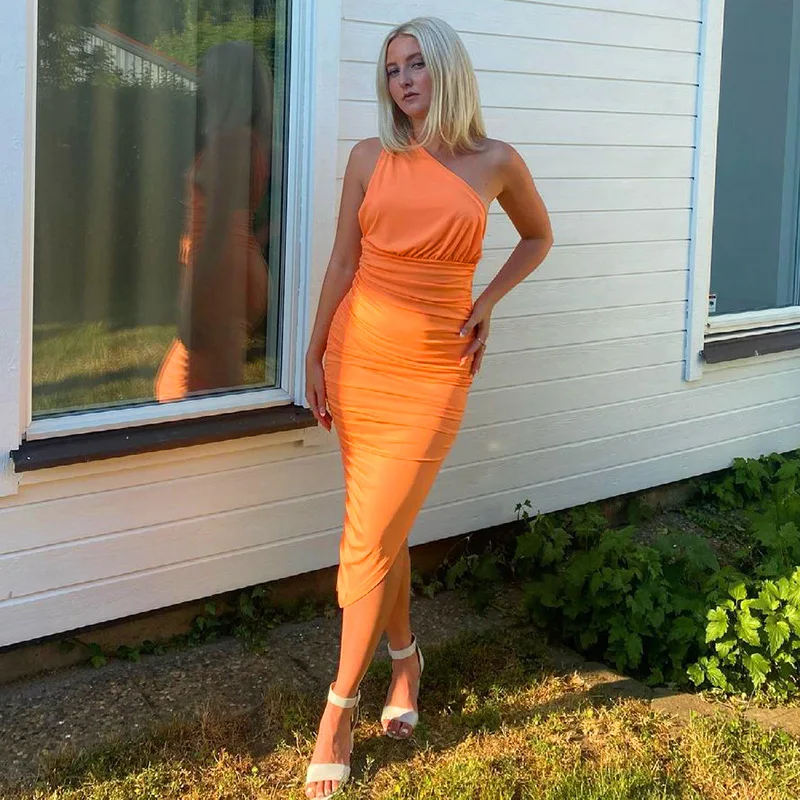 one shoulder party evening dress 2021 autumn sleeveless tight mini pleated casual dress