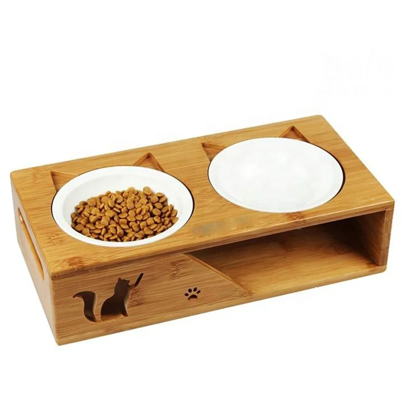 Manufacturer Ecofriendly Bamboo Wood Pet Bowls Dog Food Bowl Feeder Cat Water Dispenser 2 Ceramic Bowls Support Custom Logo