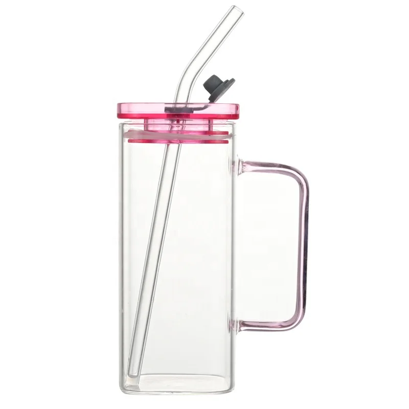 Square PP lid high borosilicate glass straw cup wooden lid milk tea household large capacity cold drink juice mug