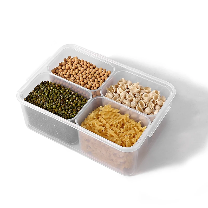 Multifunctional 4 Compartment Dry Food Container Rectangle-shaped Bagasse Storage Box Plastic Seal Fresh-keeping Grain Box