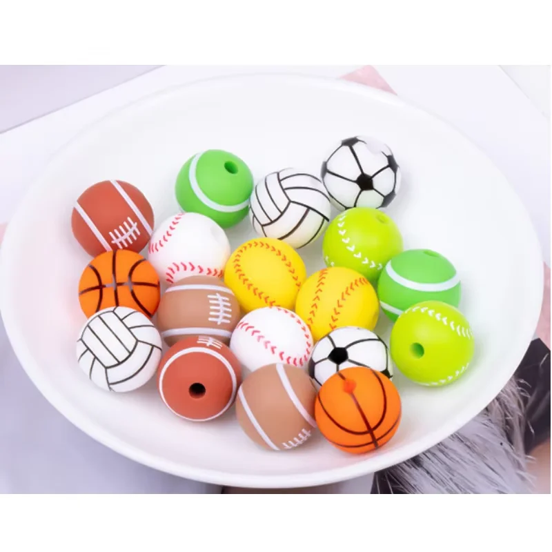 Food Grade 15MM DIY Handmade Loose Beads Spot Silicone & PVC Football Ball Beads for Water Transfer Printing & Grinding Gum