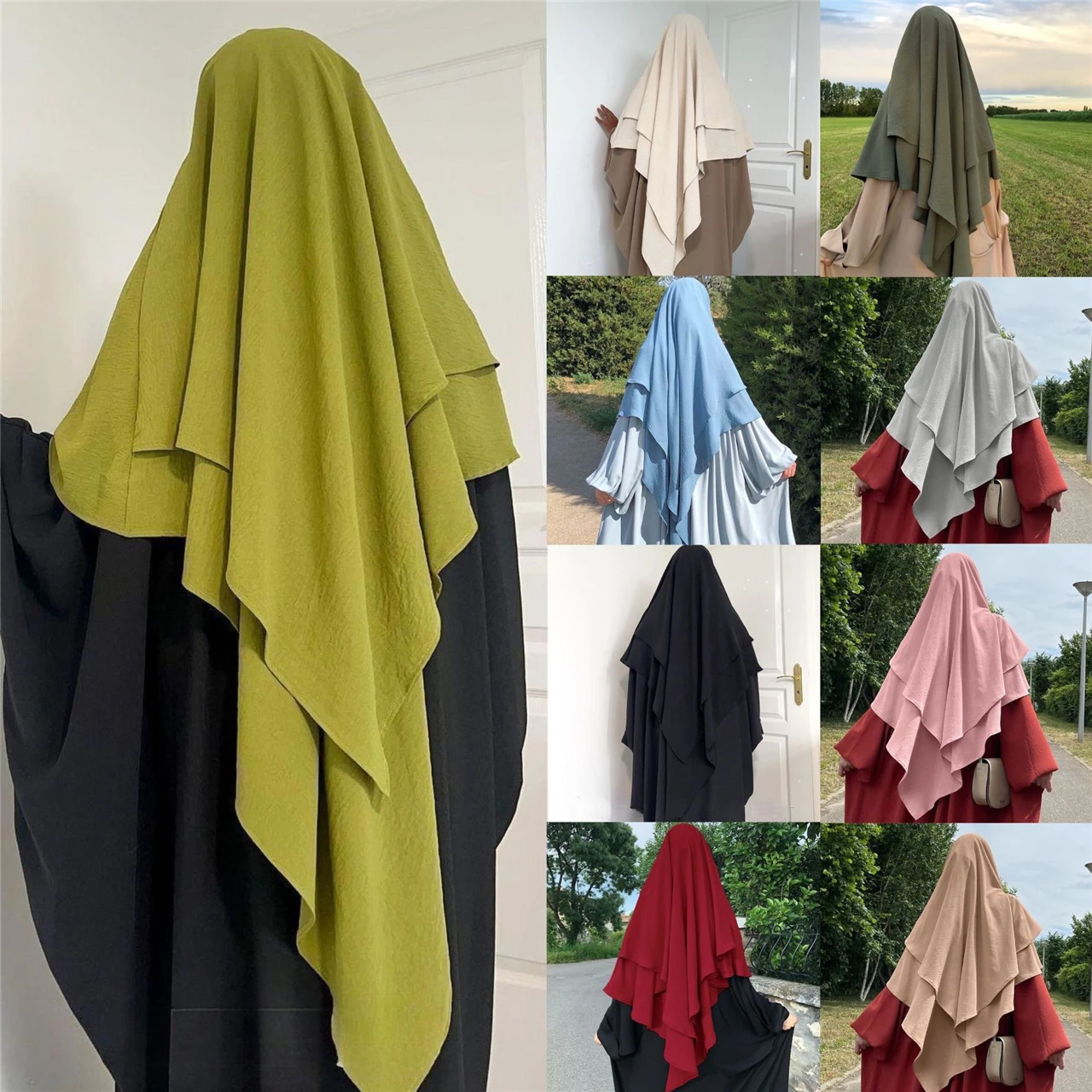 Islamic Women Hijab Sleeveless Hooded Jilbab Tops Abaya Eid Prayer Garment Face Cover Niqab 2 Layers Long Khimar Hijab