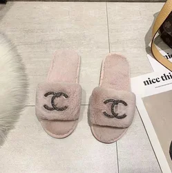 2022 Autumn Winter New Fashion Custom Plus Velvet Home Slippers Bright Diamond Flat Bottom Warm Cotton Thermal Fur Slippers