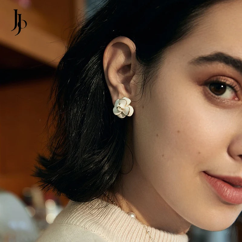 JOJO Fashion 2024 trendy white camellia flower earrings dainty 18k gold plated stud earnings jewelry women
