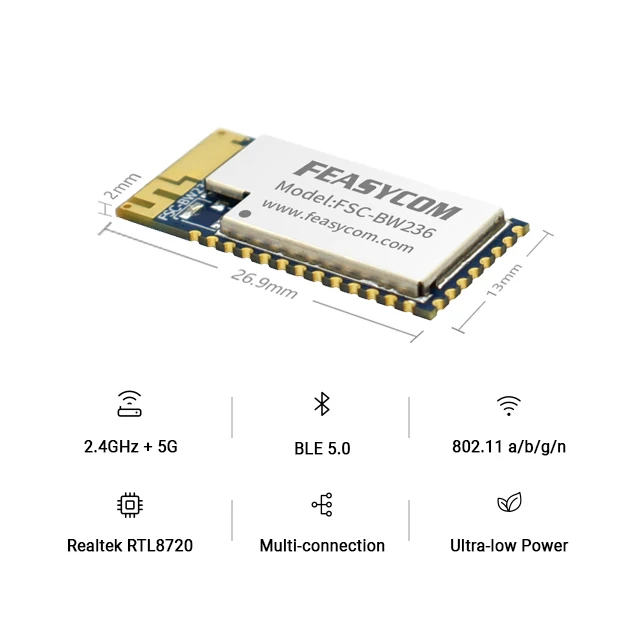 Feasycom IoT High-speed Bluetooth 5.0 802.11 a/b/g/n RTL8720 Dual-core Industrial Mini Combo Wifi BLE Module