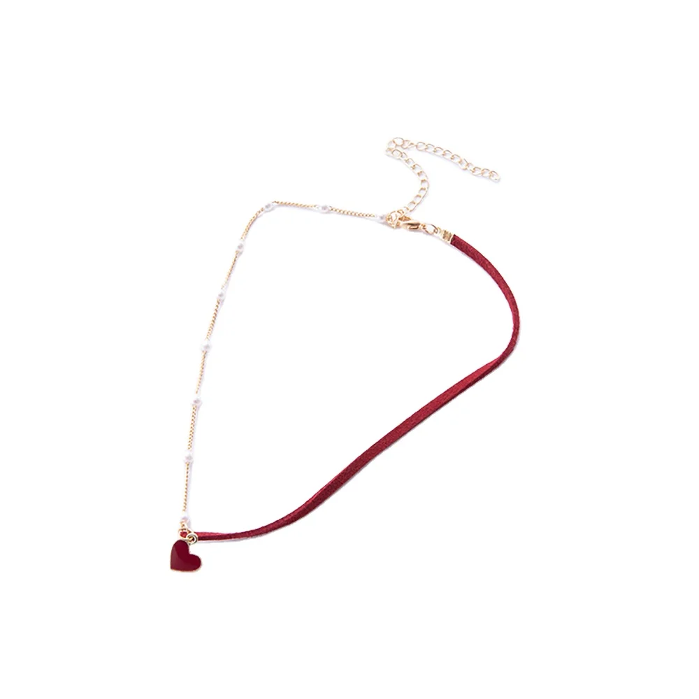 New Asymmetrical Necklace Fashion Jewlery  Red Black Lint Thin Chain Simulated Pearl Heart Pendant Choker Necklace Wholesale