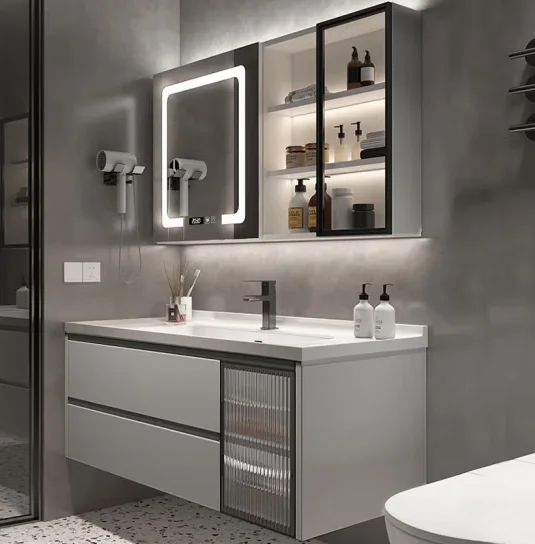 smart vanity wooden panel bathroom cabinet with mirror