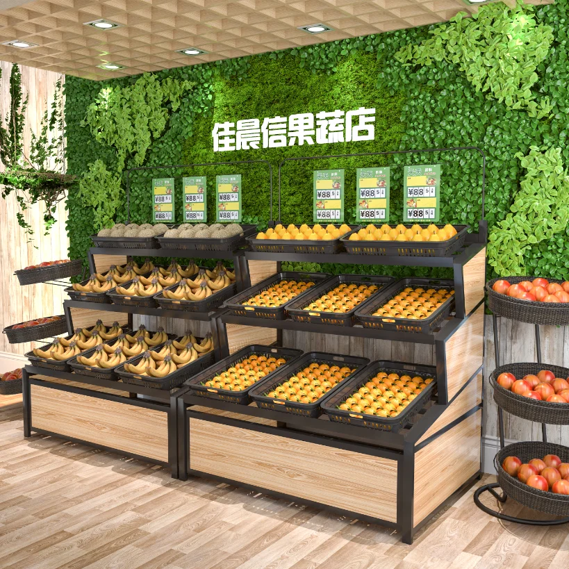 Wholesale Price Shelf Manufacture Metal Wooden Fruit and Vegetable Display Rack Stand for Fresh Store With Logo