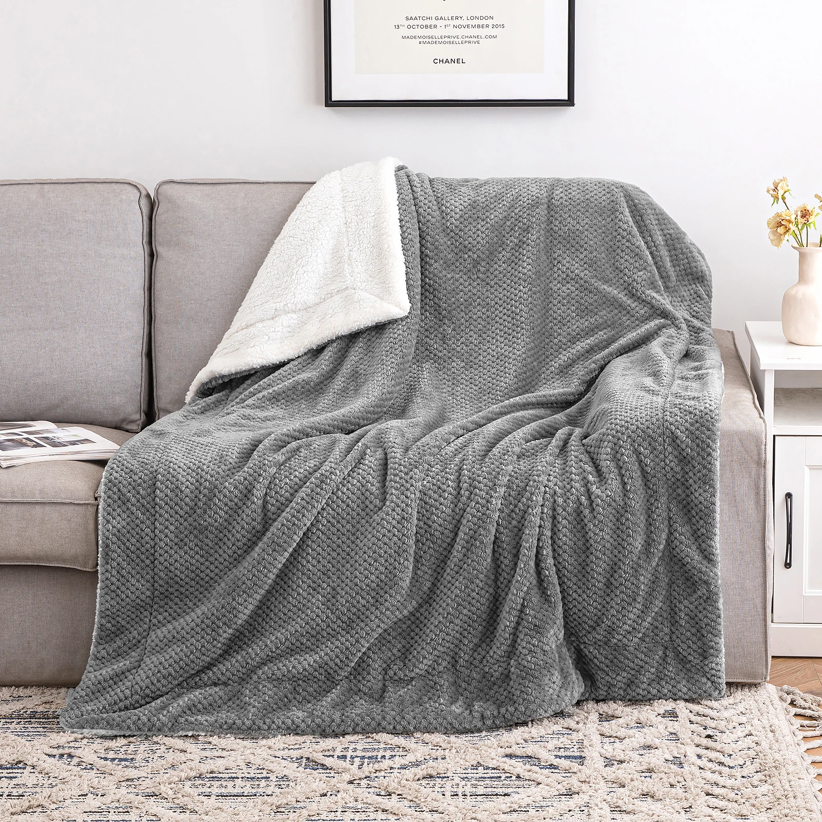 Soft Solid Color Flannel Fleece Blanket Thickened Lamb Wool Double Blanket for Winter Pineapple Checked Wool Throw Blanket