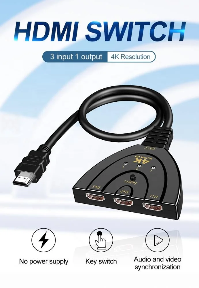 
Hot Selling New Arrival upports Full HD 4K 1080P 3D 3 Port 3 in 1 out HDMI Switch with Pigtail Cable 