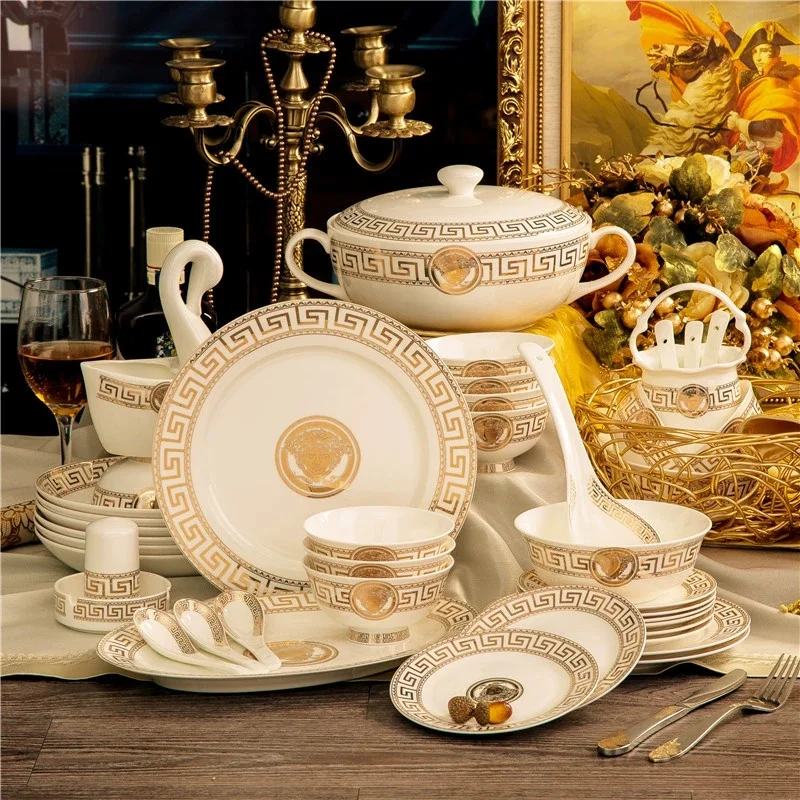 Wholesale round fancy bone china 60pcs dinnerware porcelain bowl plate spoon oval platter dinner set