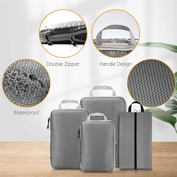4-Set Compression Packing Cubes Large Lightweight Nylon Suitcase Organizer Bags Zipper Closure Vacation Travel