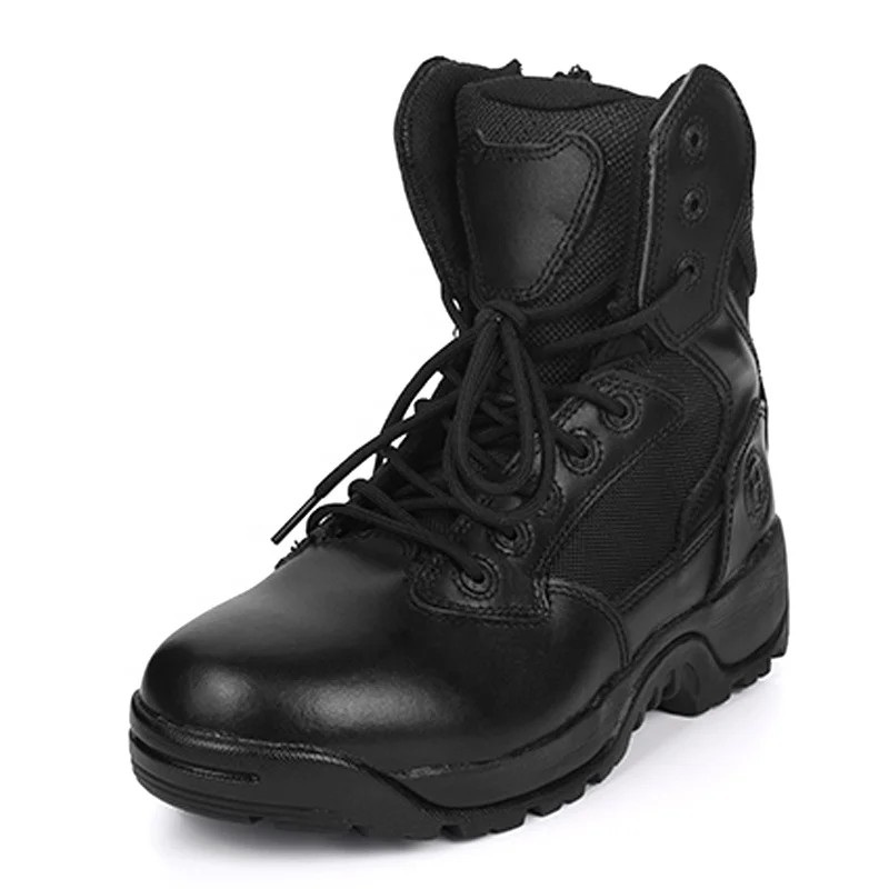 
Cemented construction anti slip black leather upper rubber sole steel toe tactical military boots shoes 