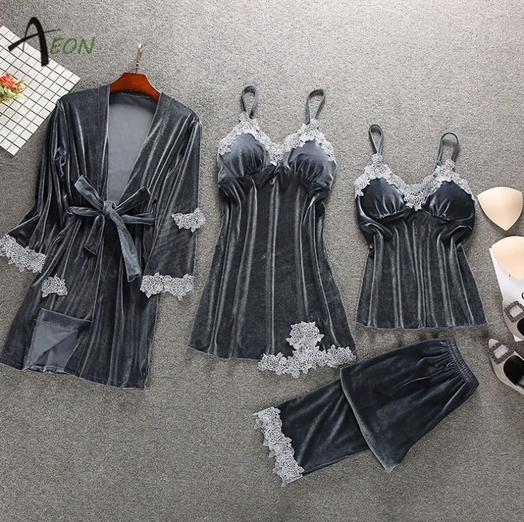Women Luxury Velvet Pajamas Set Flannelette Velvet Robe Lingerie