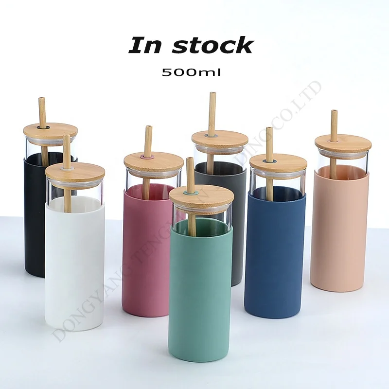 TY Hot Seller Custom 500ml Insulated Straw Glass Dinking Water Bottle Tumbler With Silicone Sleeve and Wooden Bamboo Lid