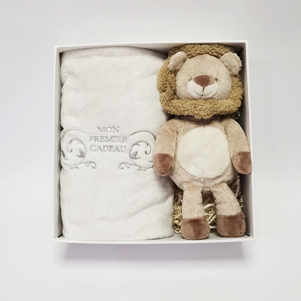 customized logo design baby toy lion and plush blanket with window box as a gift set