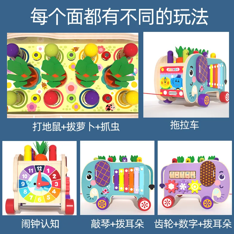 8 in 1 Elephant Wooden Hammering Pounding Toy Whack A Mole Game with Xylophone Montessori Toys for Toddlers Activities Gift