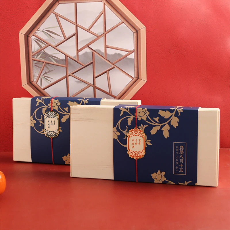 Customized Logo Design Gift Luxury Moon Cake Wooden Box Color Mooncake Packaging Rigid Box For Mid-Autumn Festival