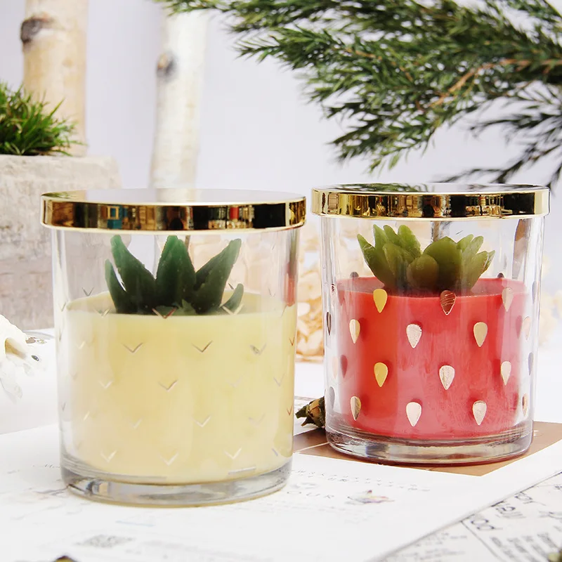 New Desgin RTS Candles Suppliers Fruit Glass Jar Natural Soy Wax Aromatherapy Candles Golden Lid Ins Lovely Style Scented Candle