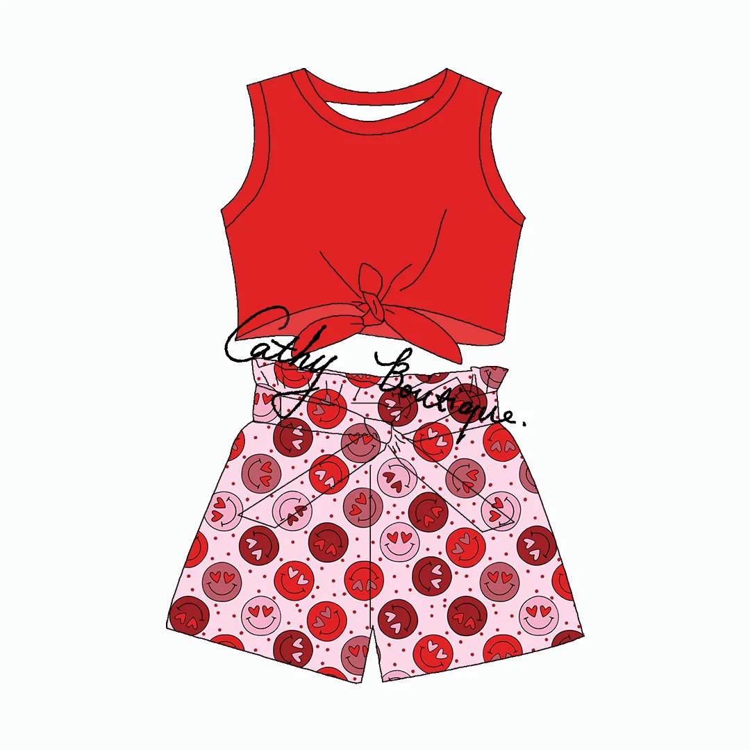 Customizable  western cow printing Kids Boutique tie crop top with shorts summer 2pcs  outfit
