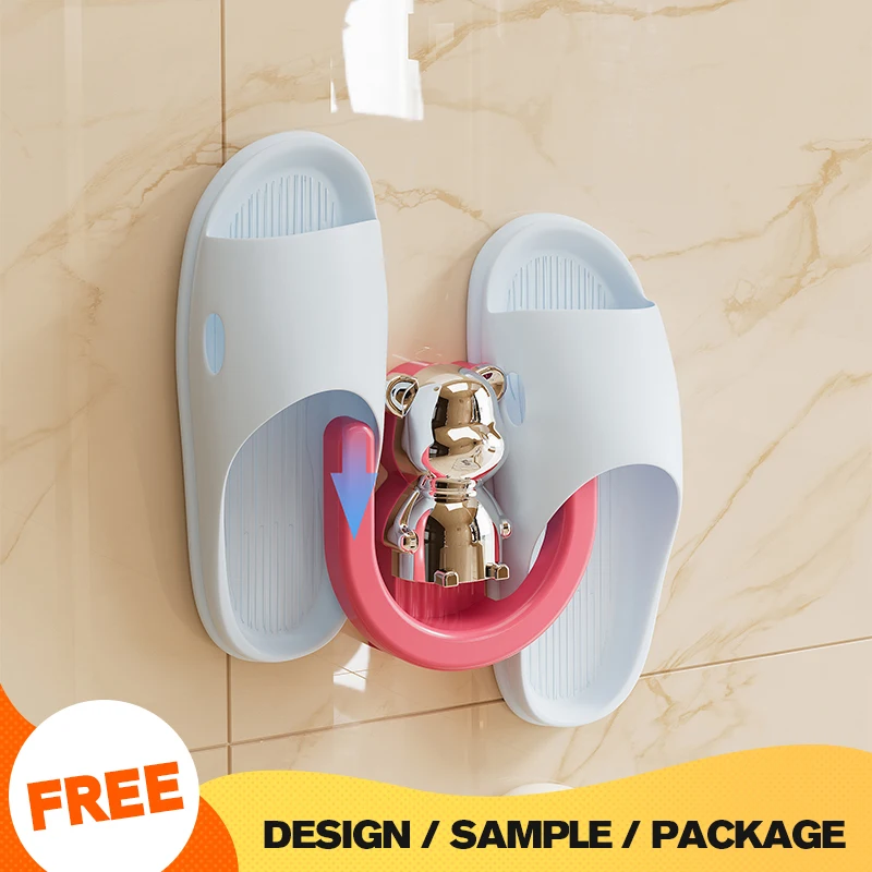 Wannuo 4pcs Set Bathroom Slipper Wall Storage Rack Plastic Fashion Slipper Storage with Suction Cup Design