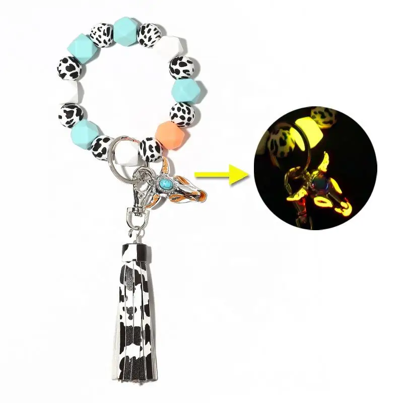 Western Cowboy Luminous Bracelet In Dark Cow Print Silicone Beads Wristlet Keychain With Tassel Perfect Gifts For Night Party