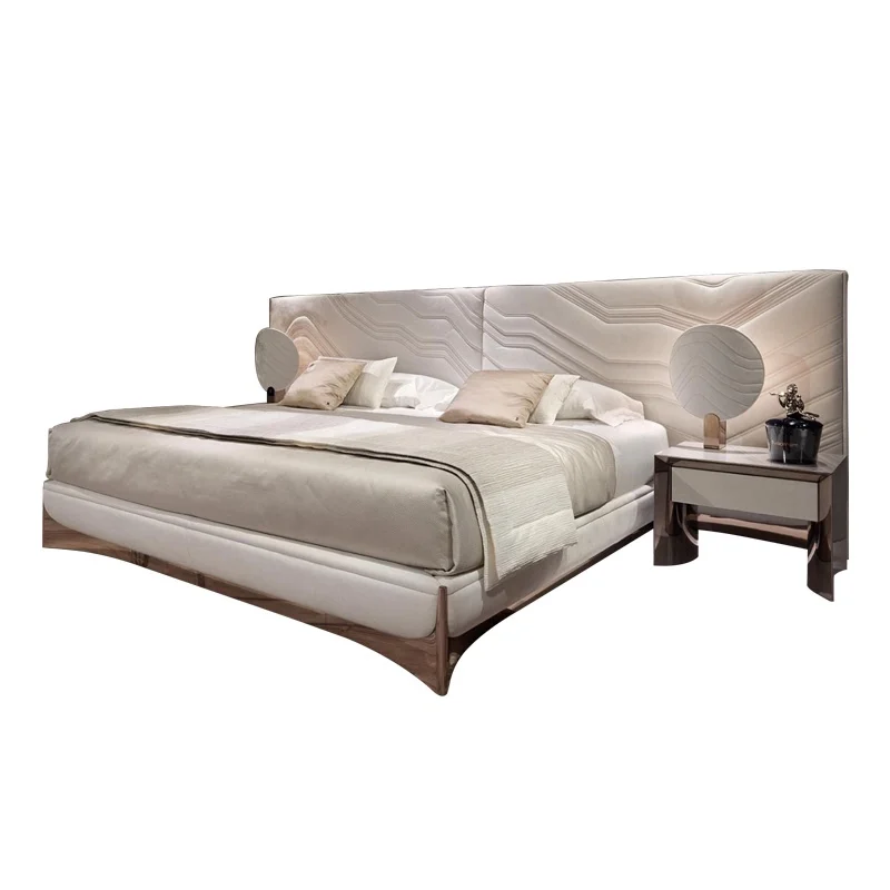Luxury Bedroom Furniture Modern Upholstered Leather Italian Bed With Extended Headboard King Size White Leather Bed