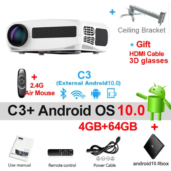 Светодиодный проектор Keystone C3 4D 4 + 64 ГБ 4K Android 10 0 Wi-Fi 1920*1080P домашний кинотеатр 3D медиаплеер