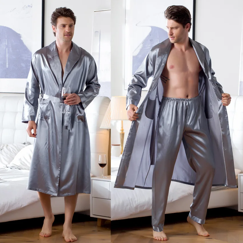 2022 Custom men silk Satin pajama set kids nightwear Casual bath robe High quality Sleepwear homewear mens loungewear set