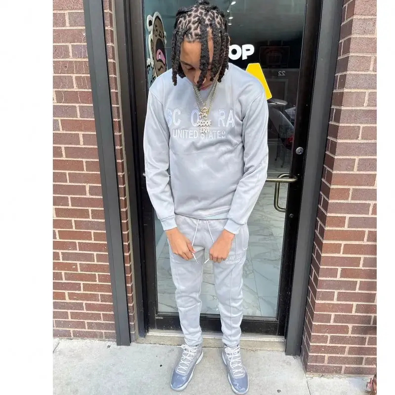 Custom Embroidered Printed Logo Men Tracksuit Cotton Polyester Two Piece Pants Set