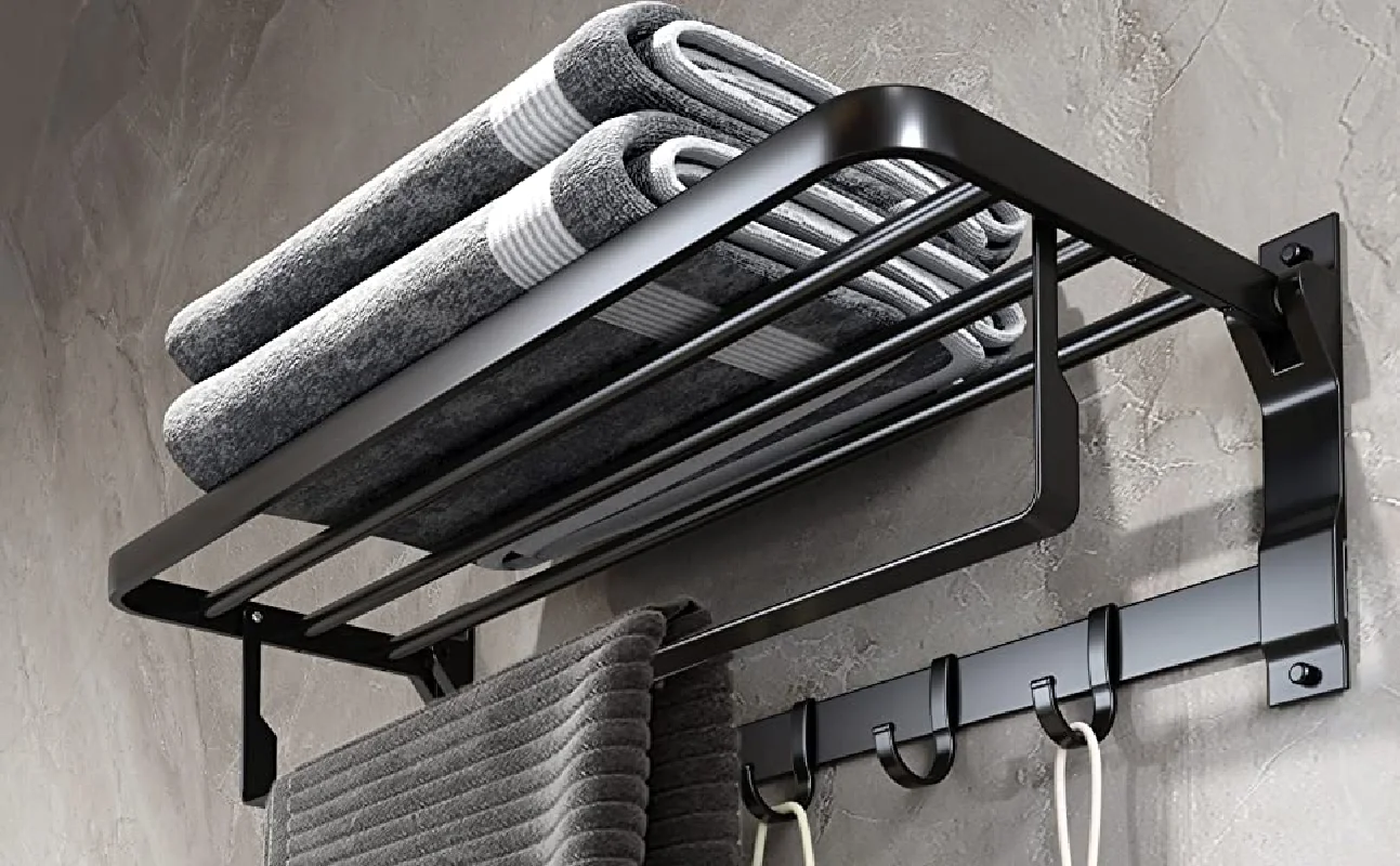 Modern No Drilling Self Adhesive Bath Towel Racks Bathroom Towel Roller Holder Foldable Square Black Towel Bars With Hooks