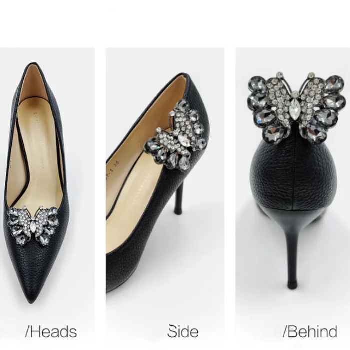 2024 Factory hot sell style alloy with bling rhinestone women high heel black metal color butterfly shoe buckle hardware