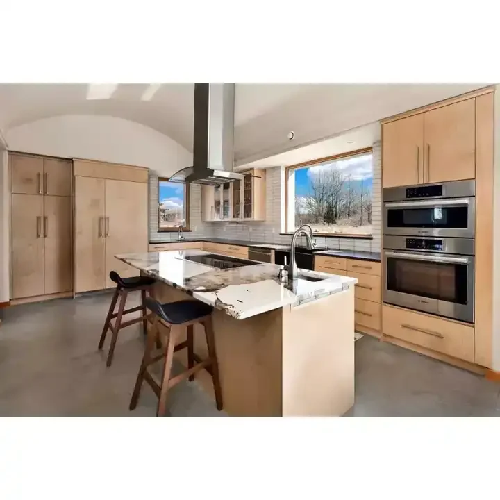 Factory Price Modular New Design Wood Veneer Kitchen Cabinet With Island