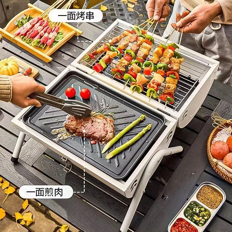 Outdoor double-sided portable chimney oven, household charcoal smokeless oven, multifunctional portable barbecue rack