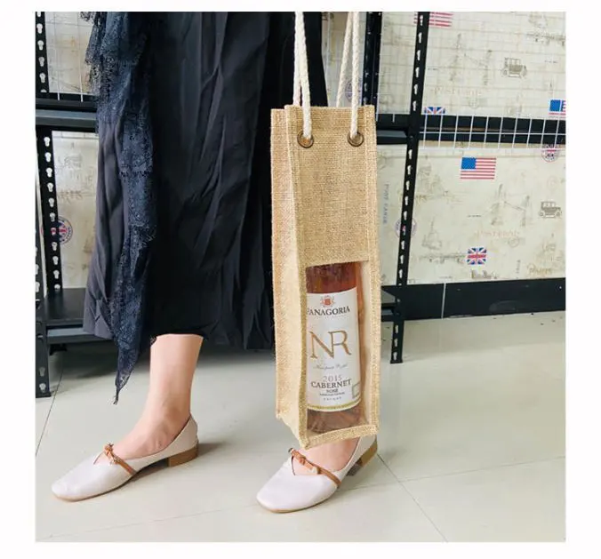 
Reusable Gold Glitter Gift Bottle Burlap Goodies Wine Bag With Handle 