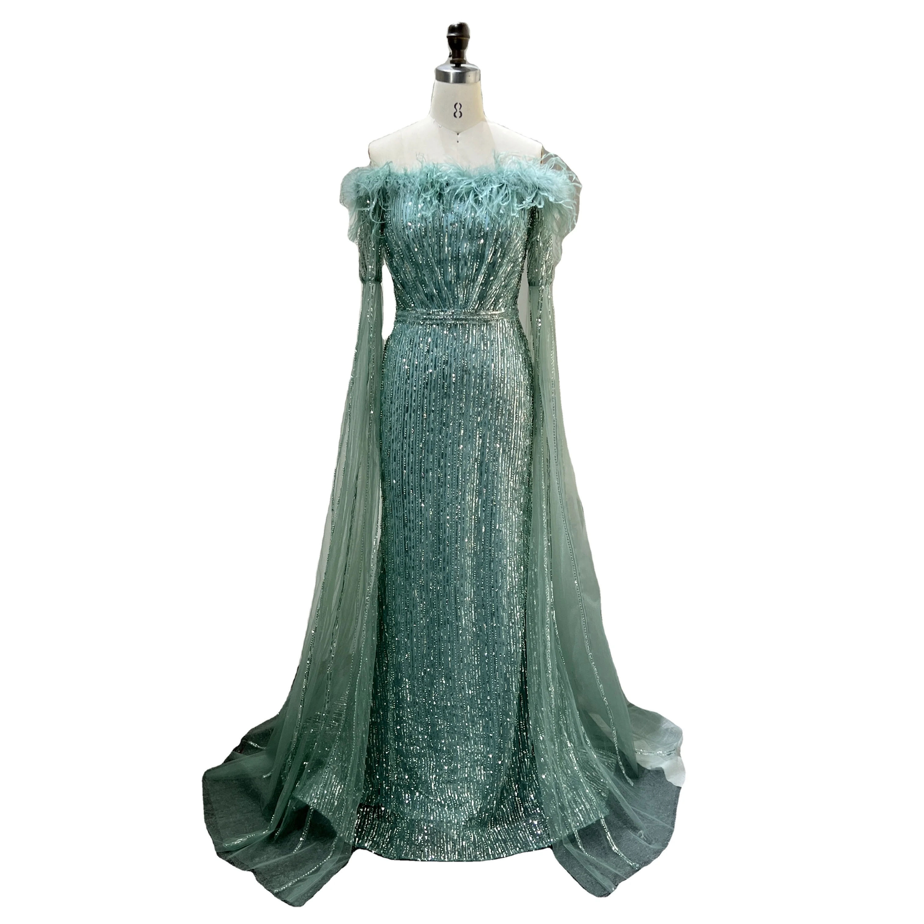 Luxury Dubai Glitter Feathers Beaded Cape Sleeves Off Shoulder Elegant Mermaid Sequins Evening Gown