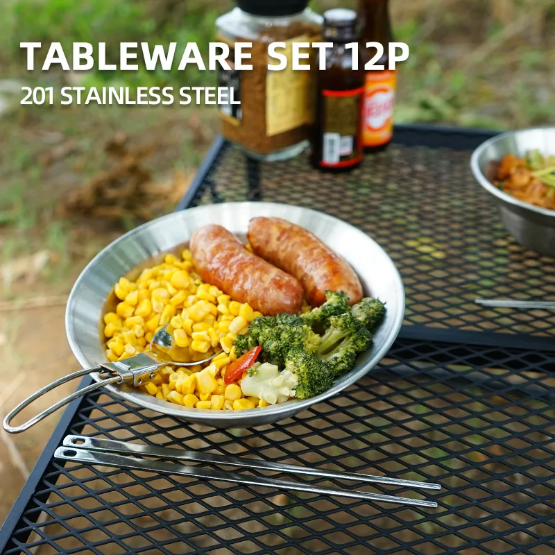 Silverware Set-Camping Mess Kit 12 Pcs Camping Accessories Stainless Steel Camping Dishes Set Dinnerware for 4 Person Utensils