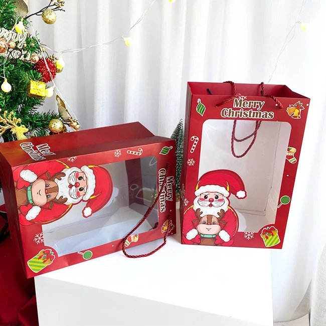 2024 Wholesale new Christmas white ivory paper gift bags custom logo Christmas paper bags with transparent Windows and handles
