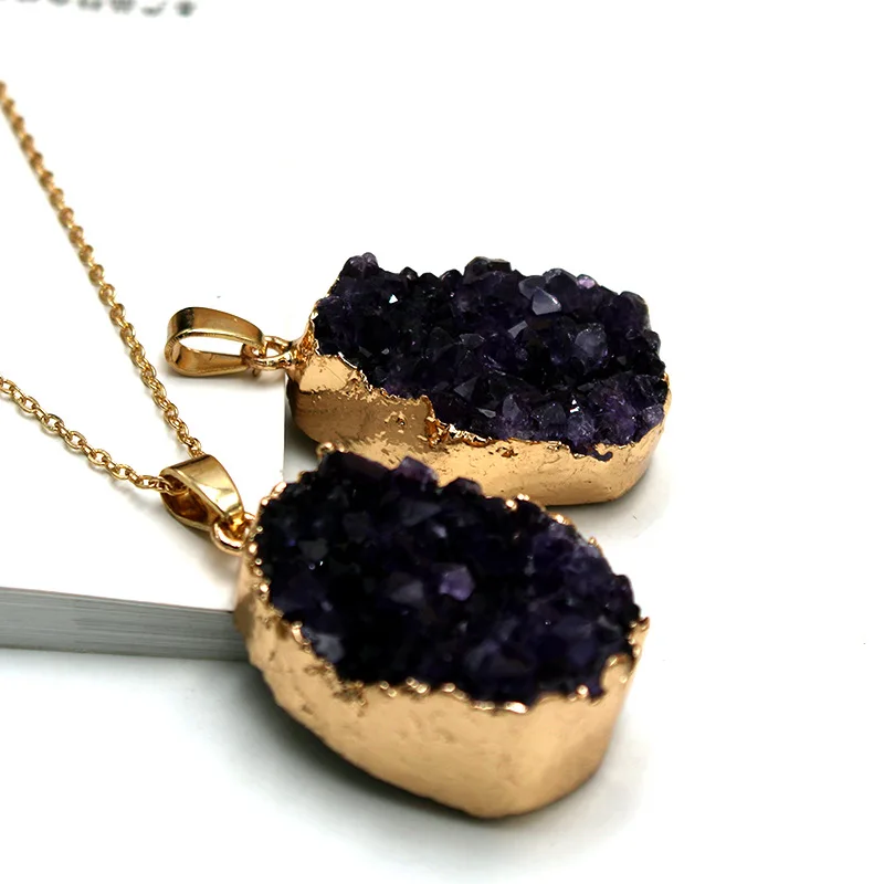 Raw Freeform Amethyst Druzy Irregular Stone Jewelry Pendant Dark Amethyst Quartz Crystal Tooth Plated Gilt Necklace Gold Pendant