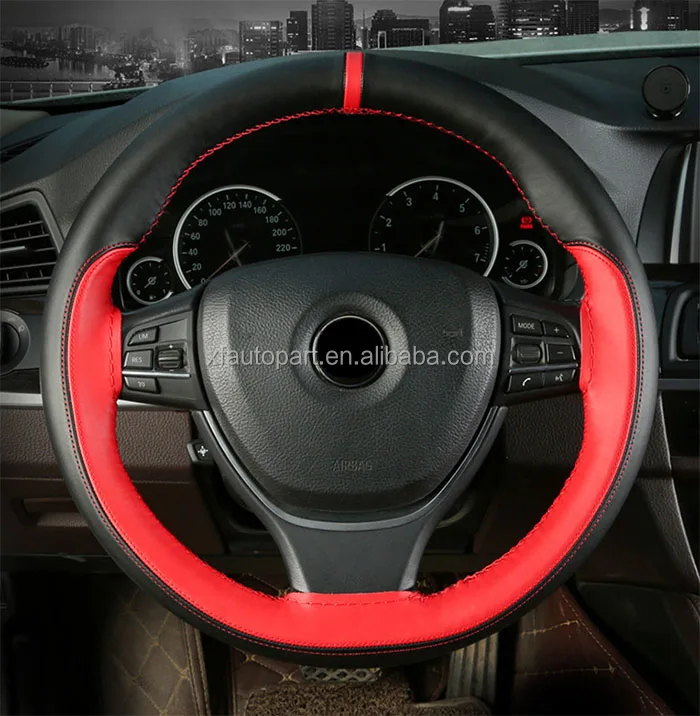 universal leather car steering wheel 380mm 15 inch black blue hand sewn steering wheel protect cover