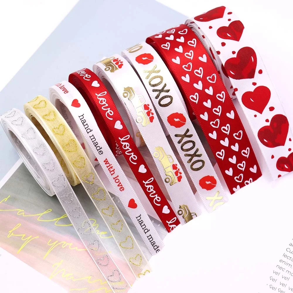 10 ярдов/рулон красное сердце полиэфирная упаковочная лента XOXO подарочная упаковка ленты для украшения дня Святого Валентина