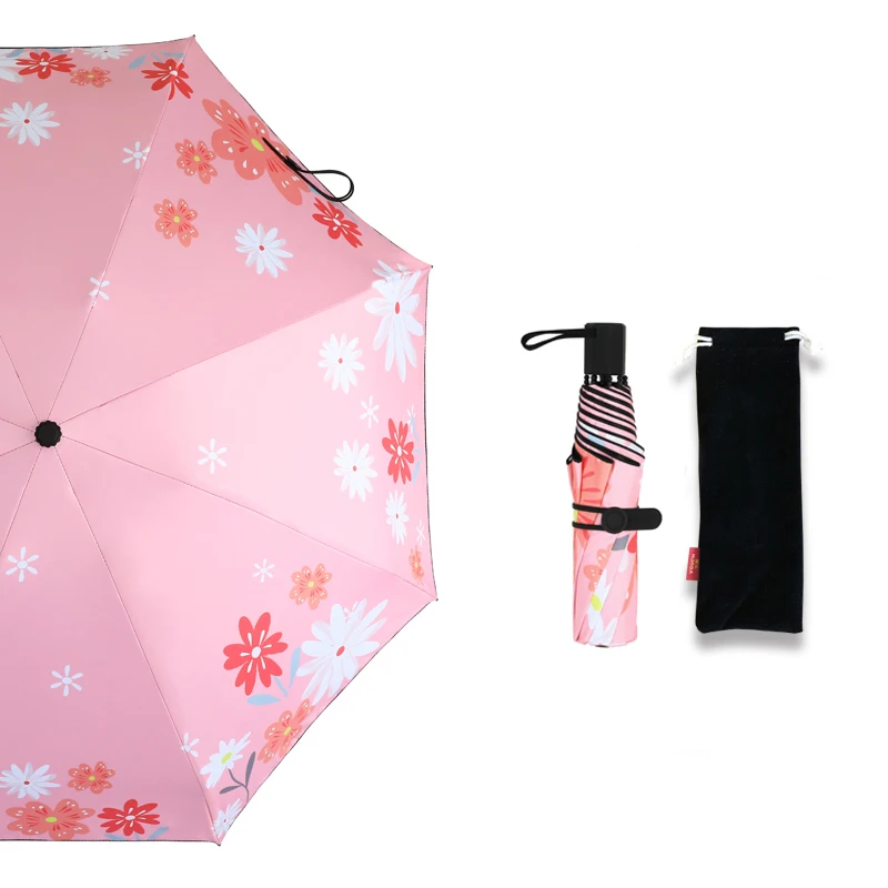 2021 New Design Compact Women White Flower Print Outside Daisy Umbrella Sun-Protect black Auto Folding Umbrella