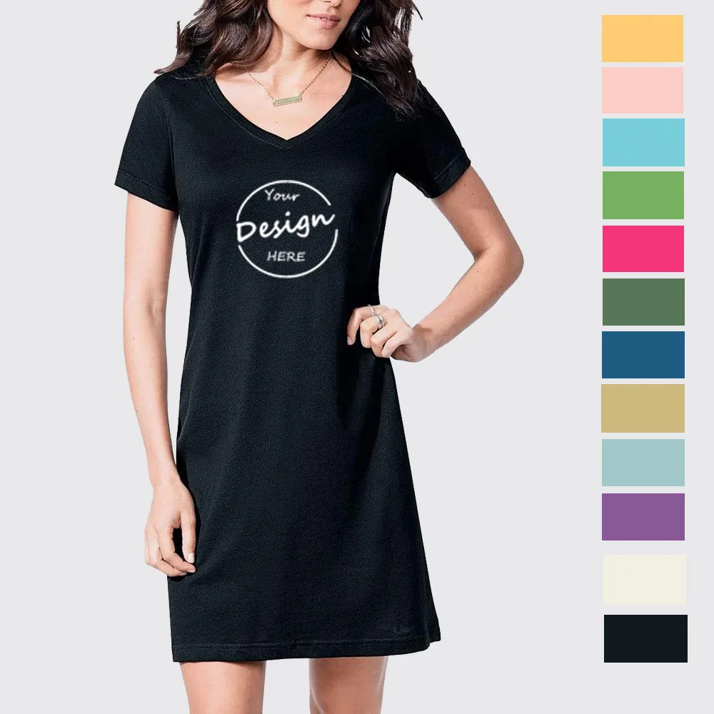 Bulk Wholesale Long T Shirt Dress Ladies All Over Print Your Design 100% Cotton V Neck Casual Sleeping Tshirt Dresses For Women
